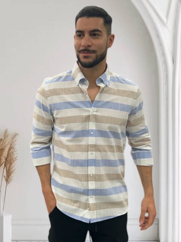 camisa trm rayas horizontales beige celeste blanco